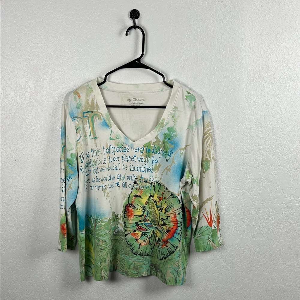 Chicos Women’s Multicolor Frog Pattern V-Neck 3/4 Sleeve Top Sz XL Casual